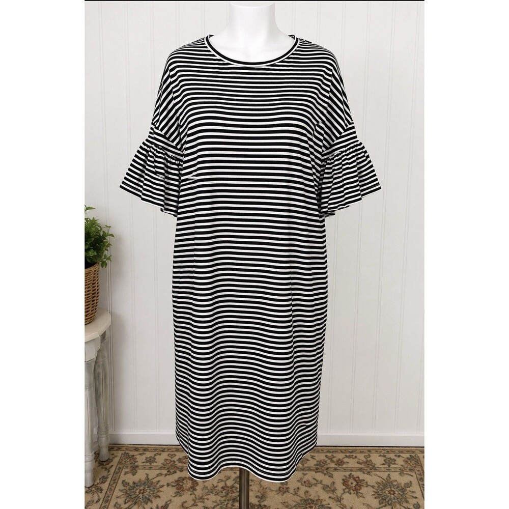Kaari Blue Size Medium Women’s Striped Ruffle Sleeve Cotton Dress 40” Bust